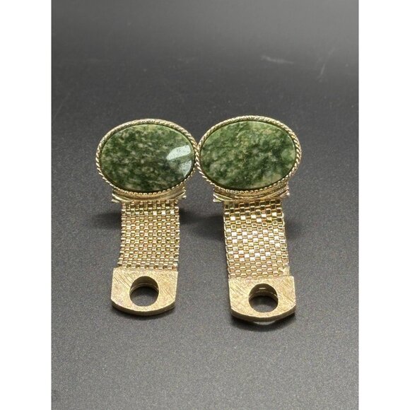 SWANK VINTAGE GREEN JADE CUFFLINKS MESH WRAPAROUND GOLD TONE - Picture 2 of 7